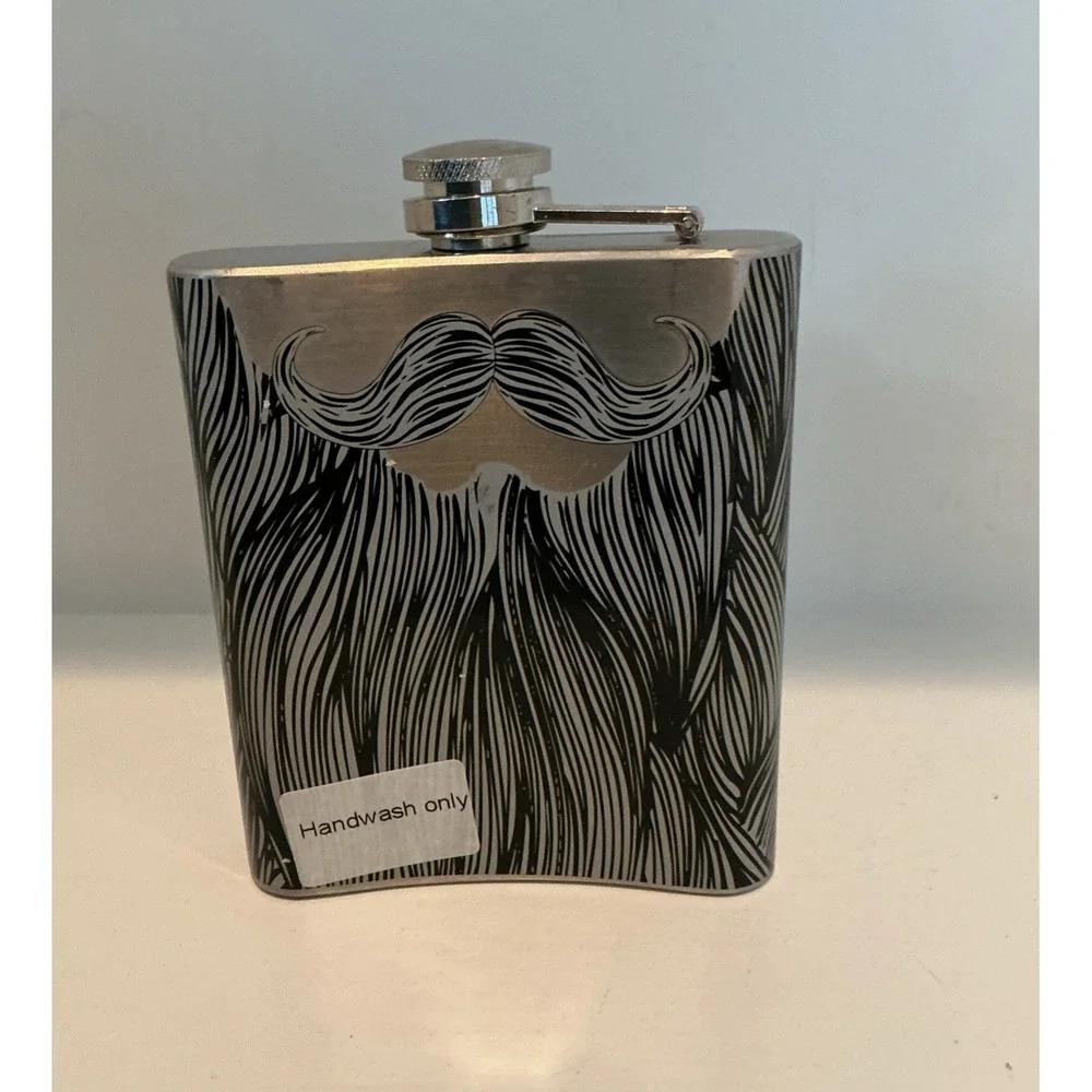 Silver & Black Metal Hip Flask 7 Oz Screw Cap Mustache Beard Novelty NWOT